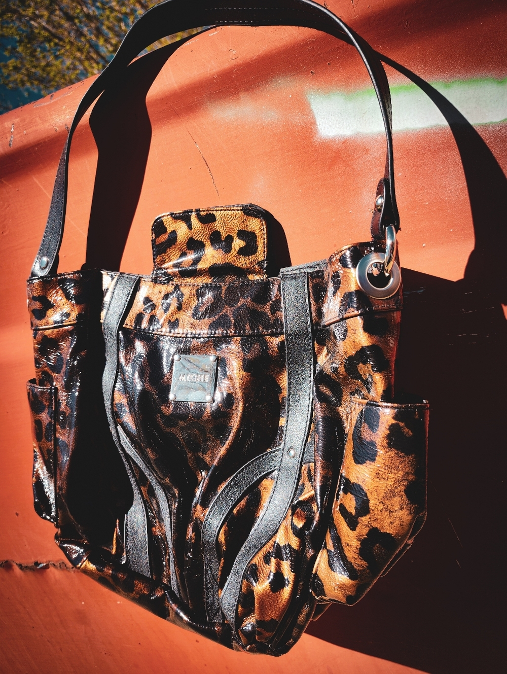 MICHE Lisa Leopard Print Shell Handbag Faux Patent Multi Pocket Tote Purse